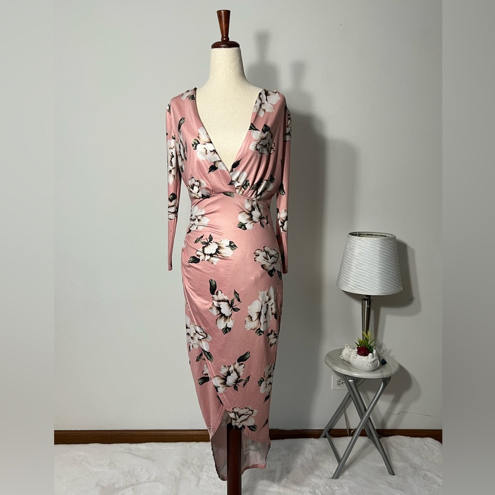 Asymmetrical dress, Size Medium, pink with flowers
